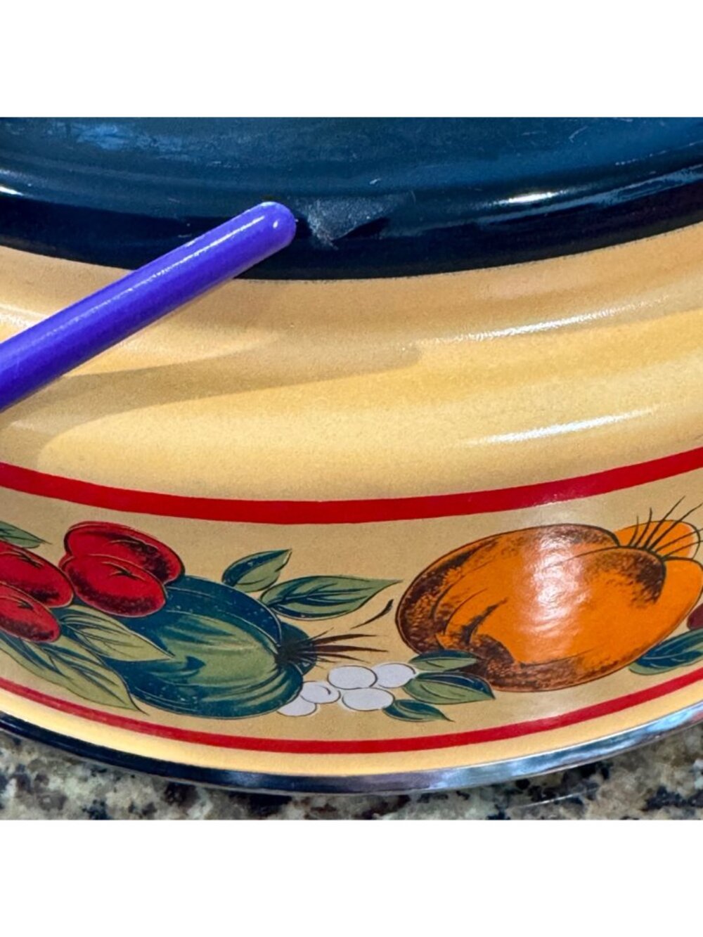 Fancipan Enamel Saucepan Lid Red Vegetable Design Metal Handle Kitchen Decor Vtg - Picture 14 of 16